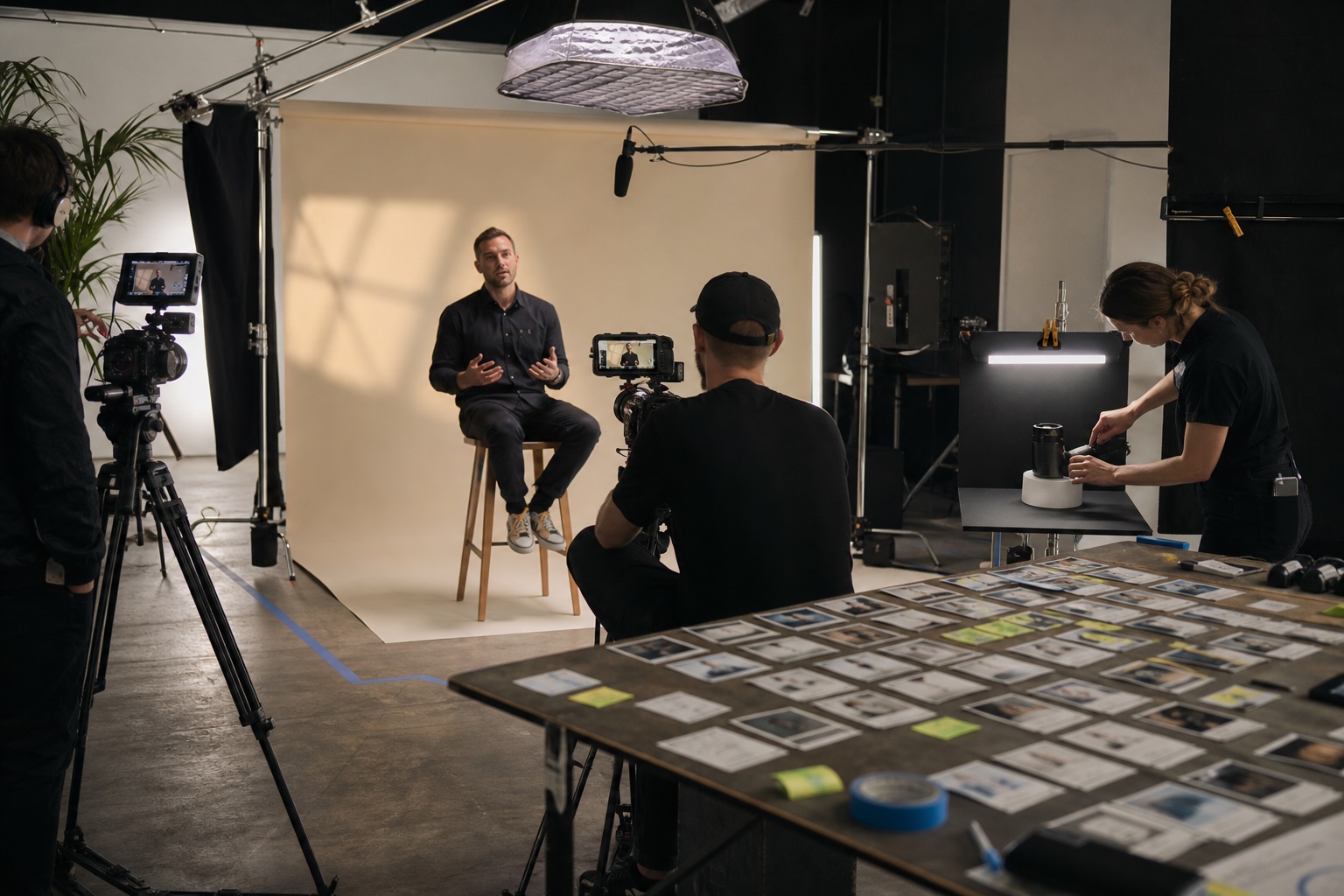 Production crew recording reusable speaker and product modules during one organised studio day