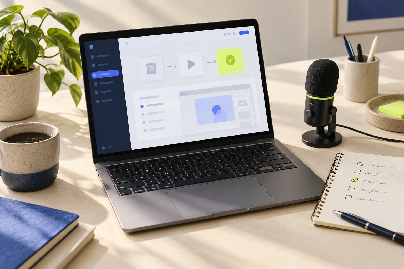 Laptop displaying a simplified software workflow beside a recording microphone and capture checklist on a cream desk