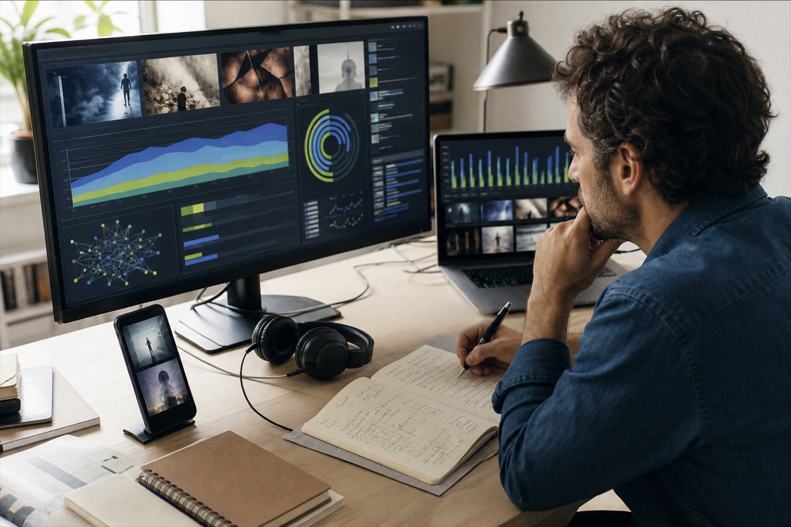 Media producer comparing formats, audience behaviour and production decisions across a performance review desk